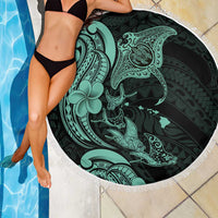 Hawaiian Manta Rays Beach Blanket Tribal Hibiscus Polynesian Tattoos Turquoise Color - Polynesian Pride