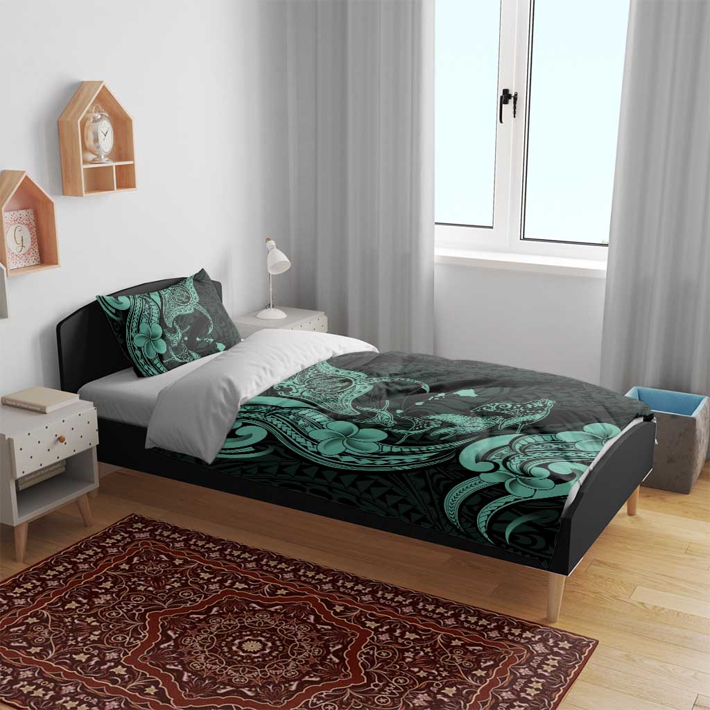 Hawaiian Manta Rays Bedding Set Tribal Hibiscus Polynesian Tattoos Turquoise Color - Polynesian Pride