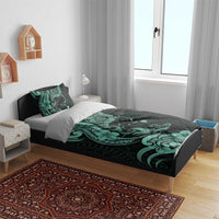 Hawaiian Manta Rays Bedding Set Tribal Hibiscus Polynesian Tattoos Turquoise Color - Polynesian Pride