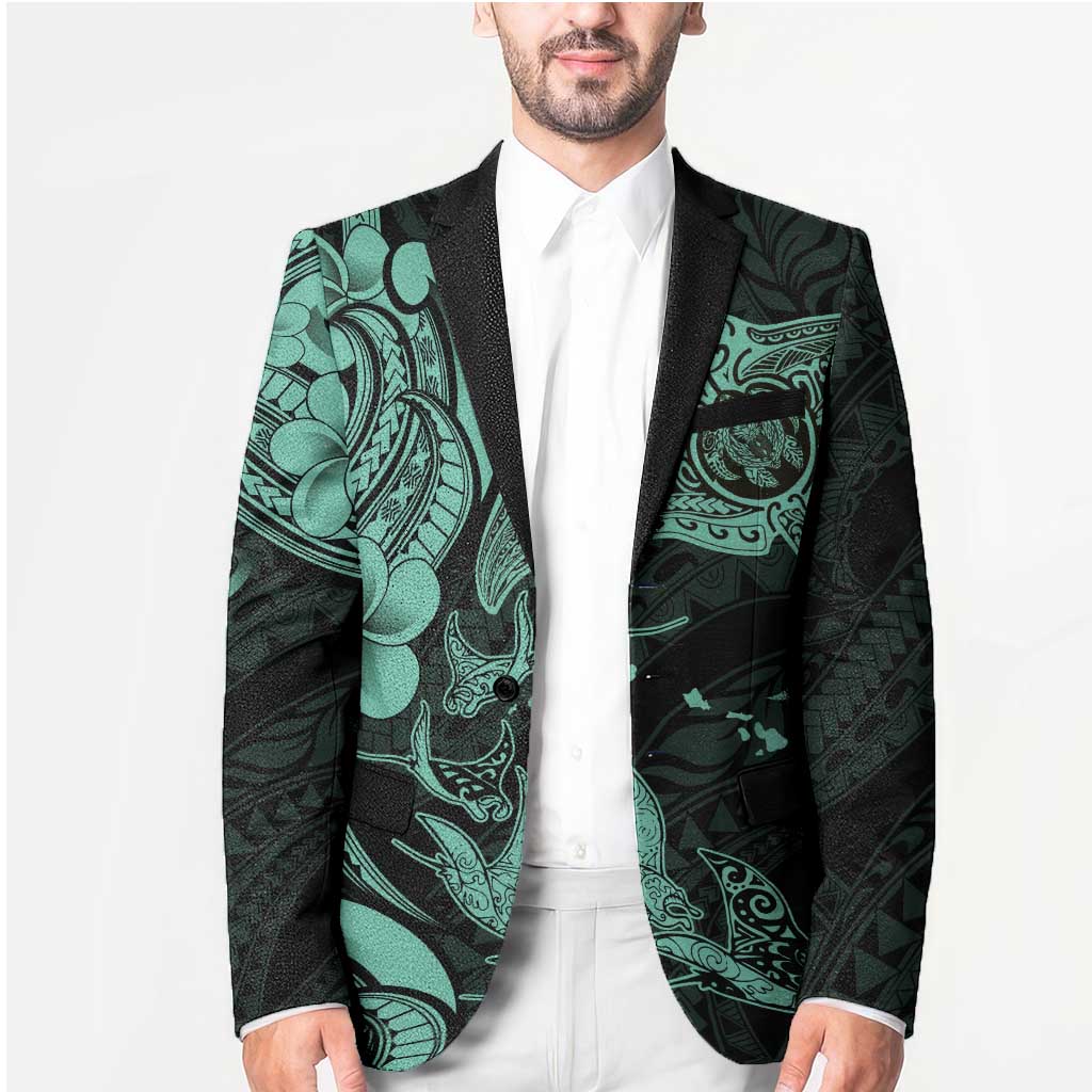 Hawaiian Manta Rays Blazer Tribal Hibiscus Polynesian Tattoos Turquoise Color - Polynesian Pride