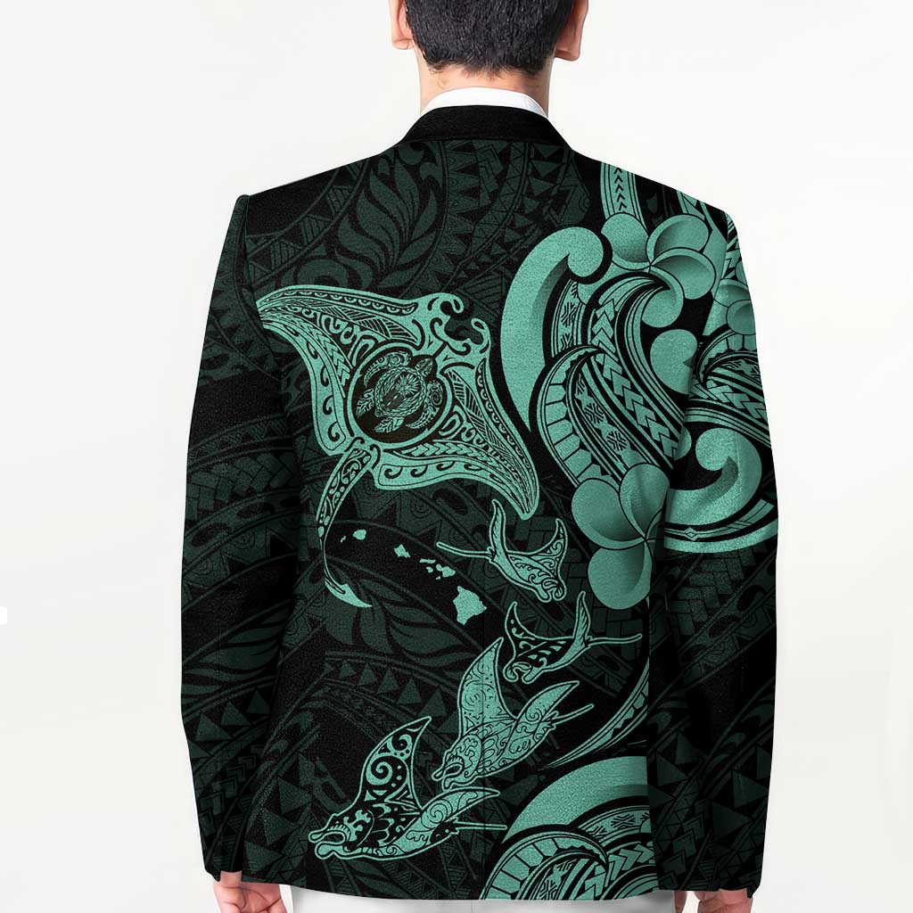 Hawaiian Manta Rays Blazer Tribal Hibiscus Polynesian Tattoos Turquoise Color - Polynesian Pride