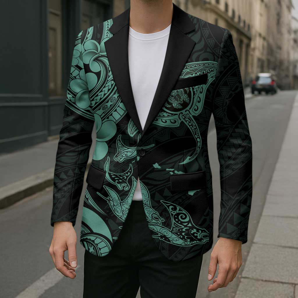 Hawaiian Manta Rays Blazer Tribal Hibiscus Polynesian Tattoos Turquoise Color - Polynesian Pride