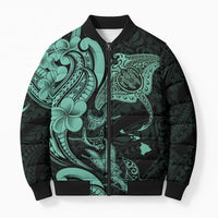 Hawaiian Manta Rays Bomber Puffer Jacket Tribal Hibiscus Polynesian Tattoos Turquoise Color - Polynesian Pride