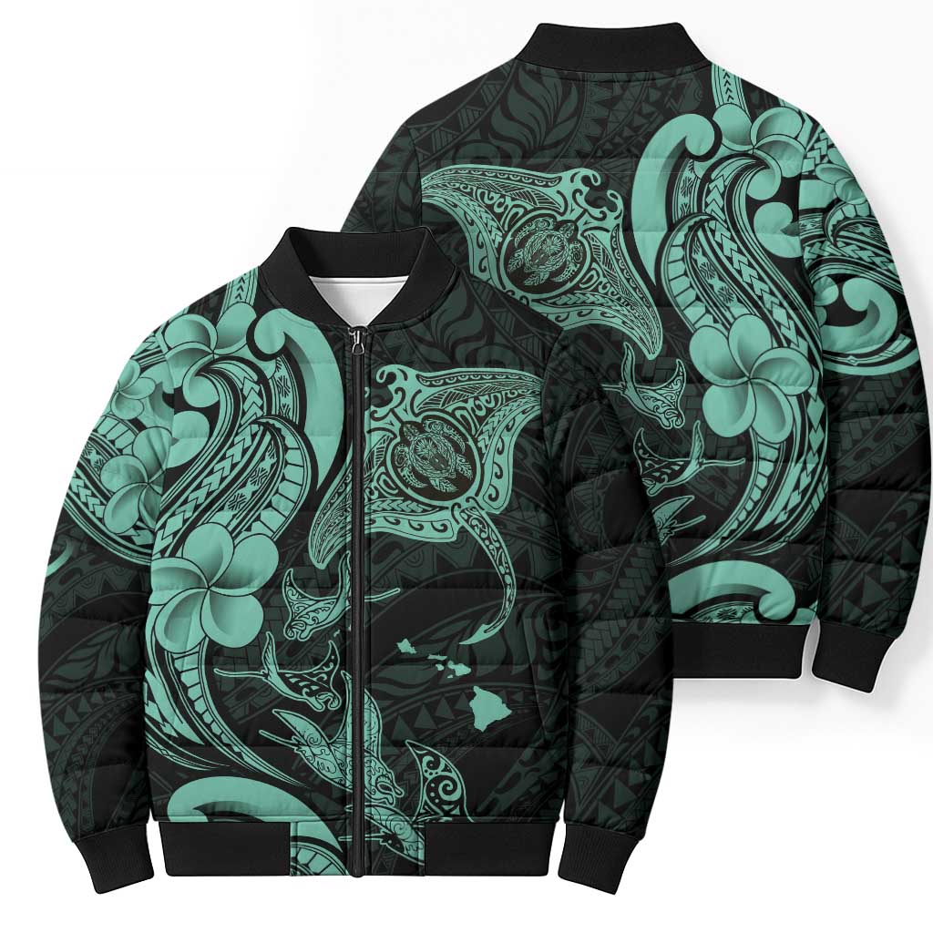 Hawaiian Manta Rays Bomber Puffer Jacket Tribal Hibiscus Polynesian Tattoos Turquoise Color - Polynesian Pride