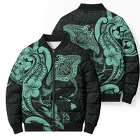 Hawaiian Manta Rays Bomber Puffer Jacket Tribal Hibiscus Polynesian Tattoos Turquoise Color - Polynesian Pride