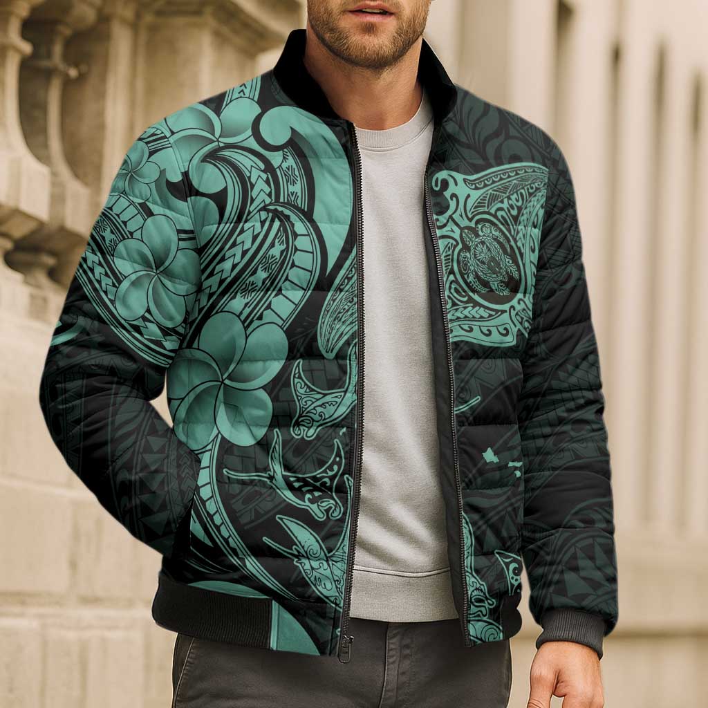 Hawaiian Manta Rays Bomber Puffer Jacket Tribal Hibiscus Polynesian Tattoos Turquoise Color - Polynesian Pride
