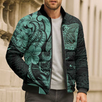 Hawaiian Manta Rays Bomber Puffer Jacket Tribal Hibiscus Polynesian Tattoos Turquoise Color - Polynesian Pride