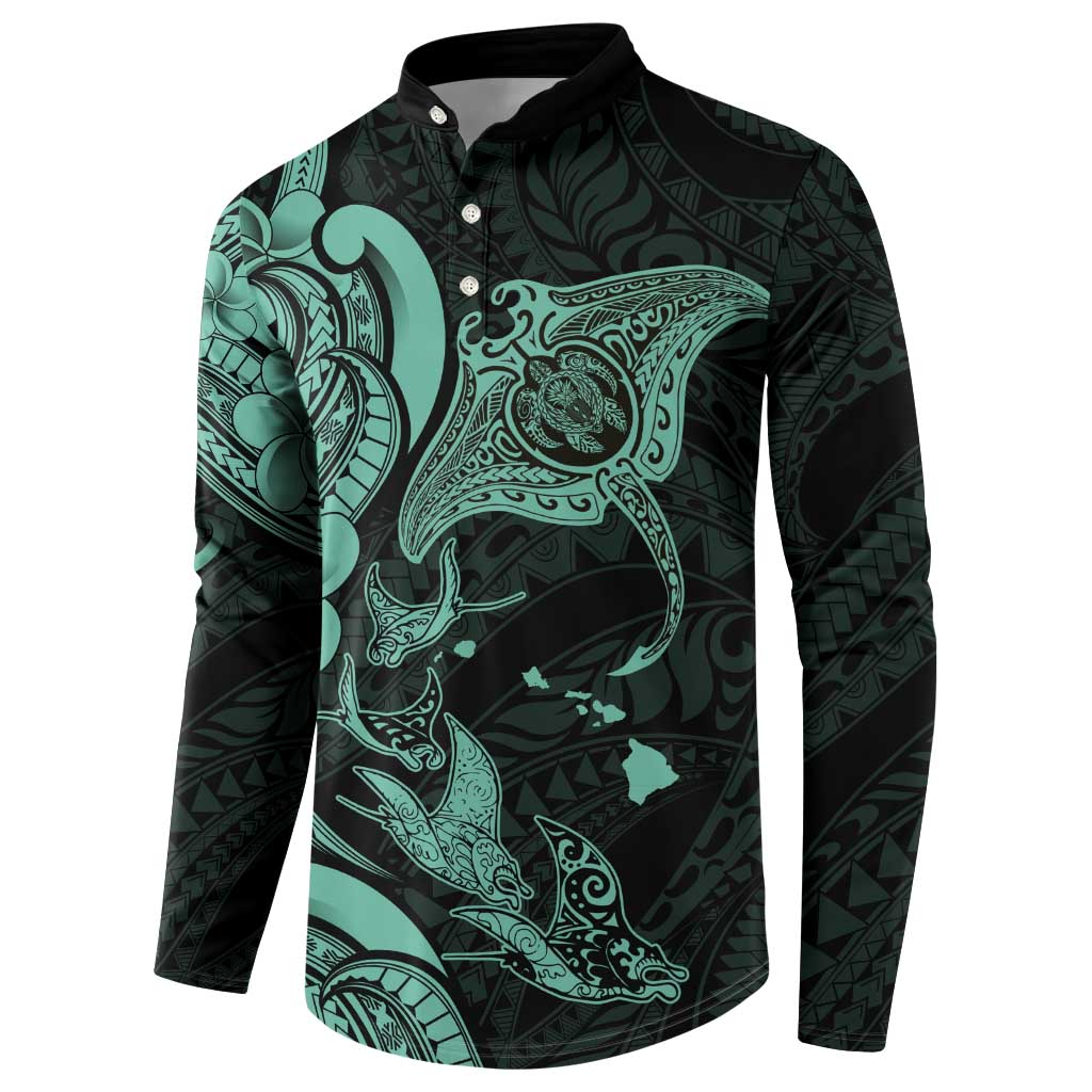 Hawaiian Manta Rays Button Sweatshirt Tribal Hibiscus Polynesian Tattoos Turquoise Color - Polynesian Pride
