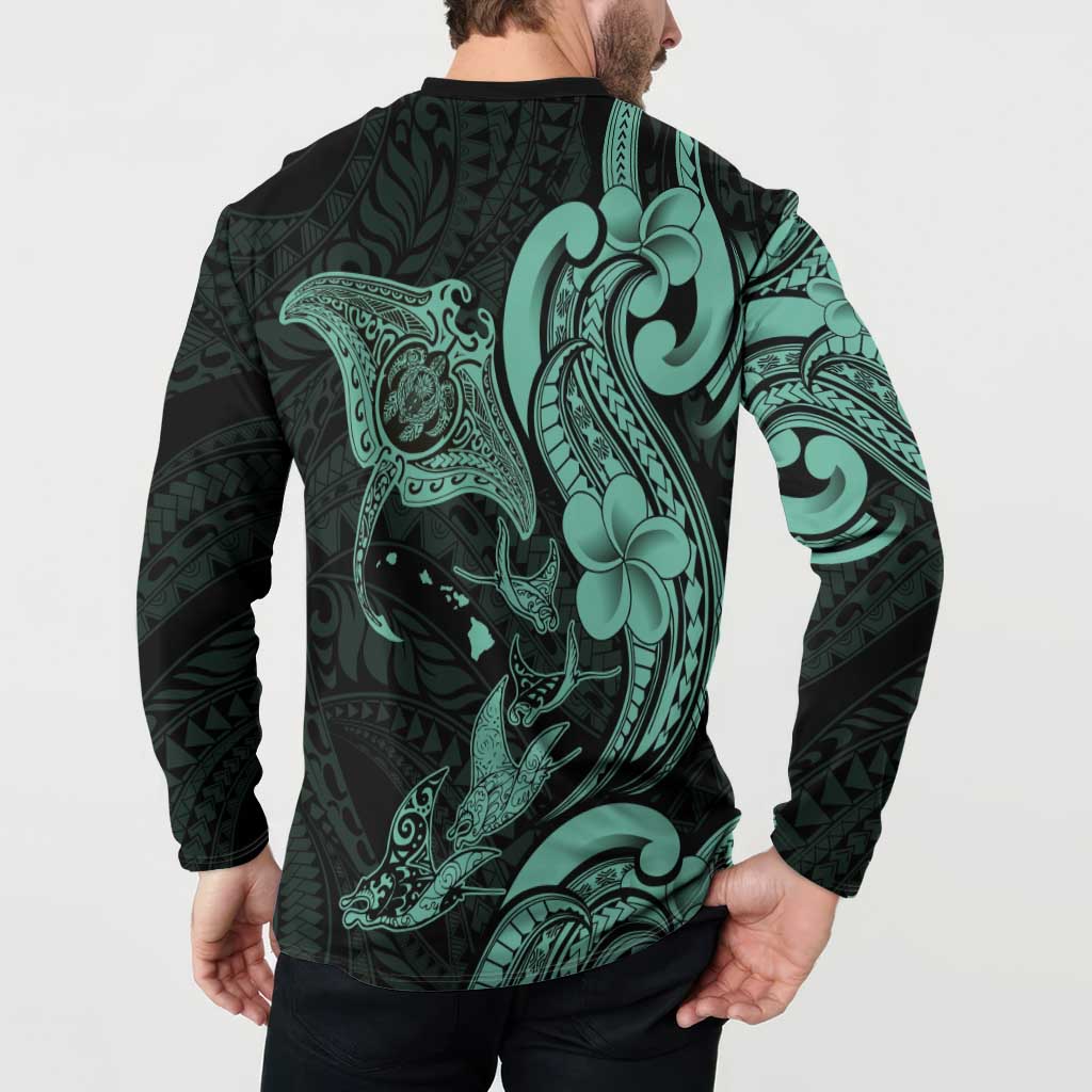 Hawaiian Manta Rays Button Sweatshirt Tribal Hibiscus Polynesian Tattoos Turquoise Color - Polynesian Pride