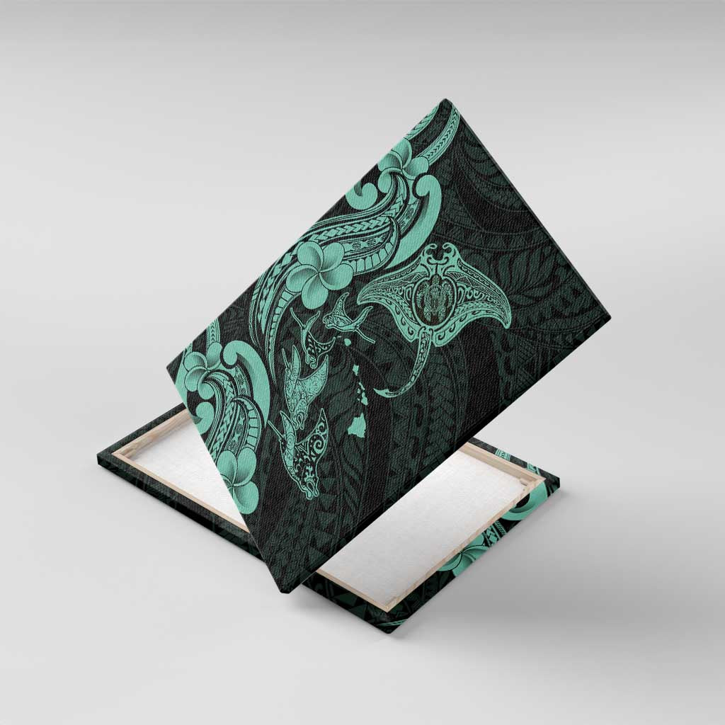 Hawaiian Manta Rays Canvas Wall Art Tribal Hibiscus Polynesian Tattoos Turquoise Color - Polynesian Pride