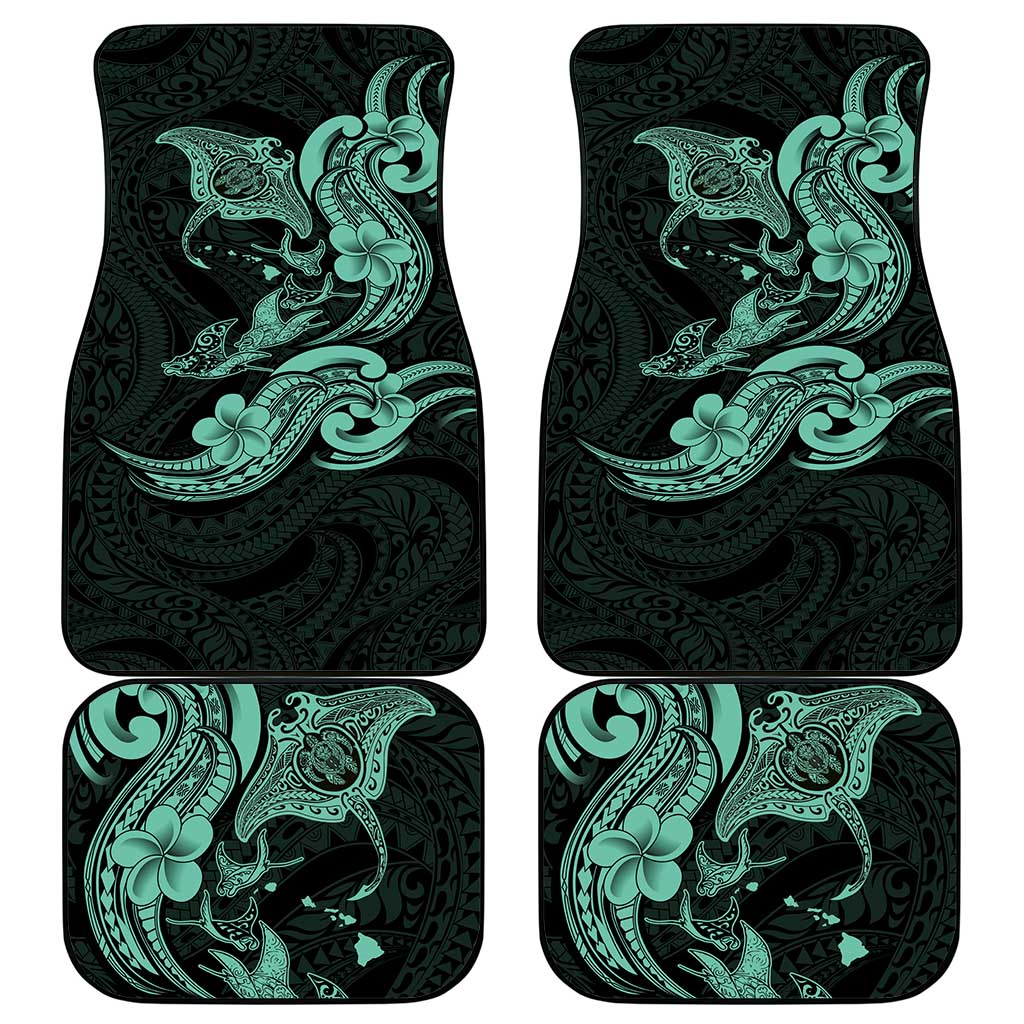 Hawaiian Manta Rays Car Mats Tribal Hibiscus Polynesian Tattoos Turquoise Color - Polynesian Pride