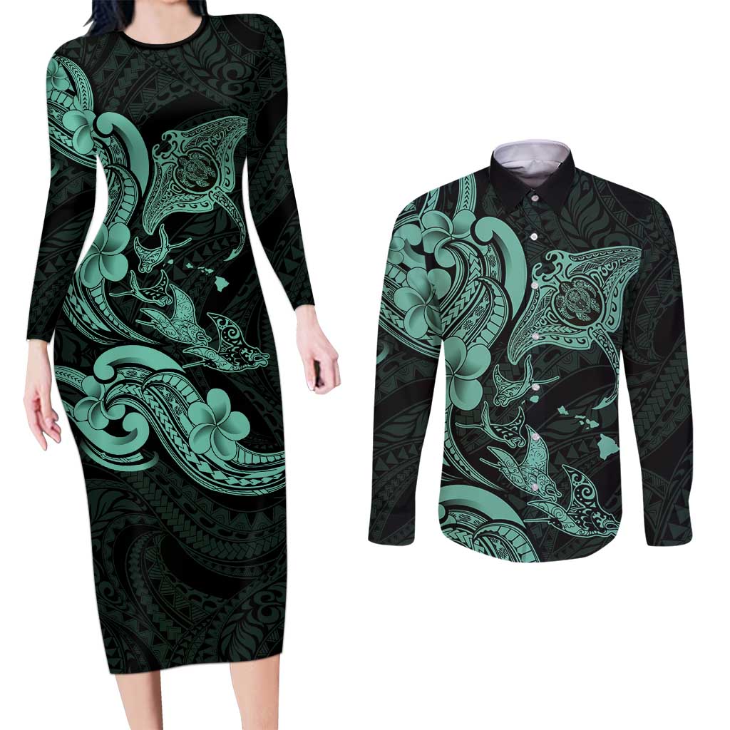 Hawaiian Manta Rays Couples Matching Long Sleeve Bodycon Dress and Long Sleeve Button Shirt Tribal Hibiscus Polynesian Tattoos Turquoise Color - Polynesian Pride