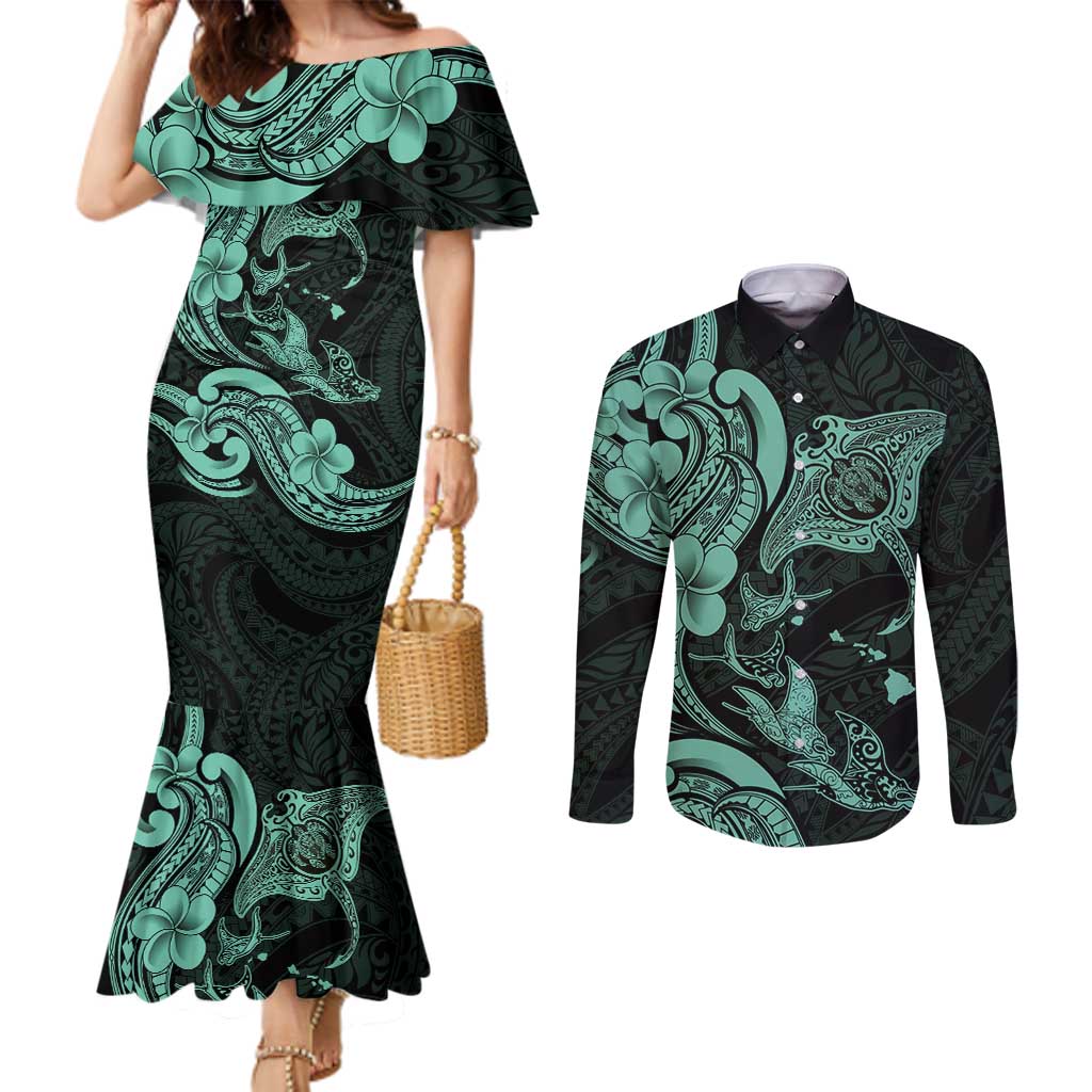 Hawaiian Manta Rays Couples Matching Mermaid Dress and Long Sleeve Button Shirt Tribal Hibiscus Polynesian Tattoos Turquoise Color - Polynesian Pride