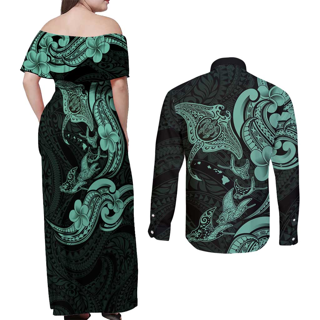 Hawaiian Manta Rays Couples Matching Off Shoulder Maxi Dress and Long Sleeve Button Shirt Tribal Hibiscus Polynesian Tattoos Turquoise Color - Polynesian Pride
