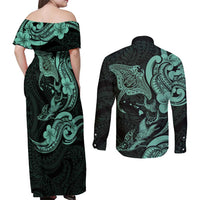 Hawaiian Manta Rays Couples Matching Off Shoulder Maxi Dress and Long Sleeve Button Shirt Tribal Hibiscus Polynesian Tattoos Turquoise Color - Polynesian Pride