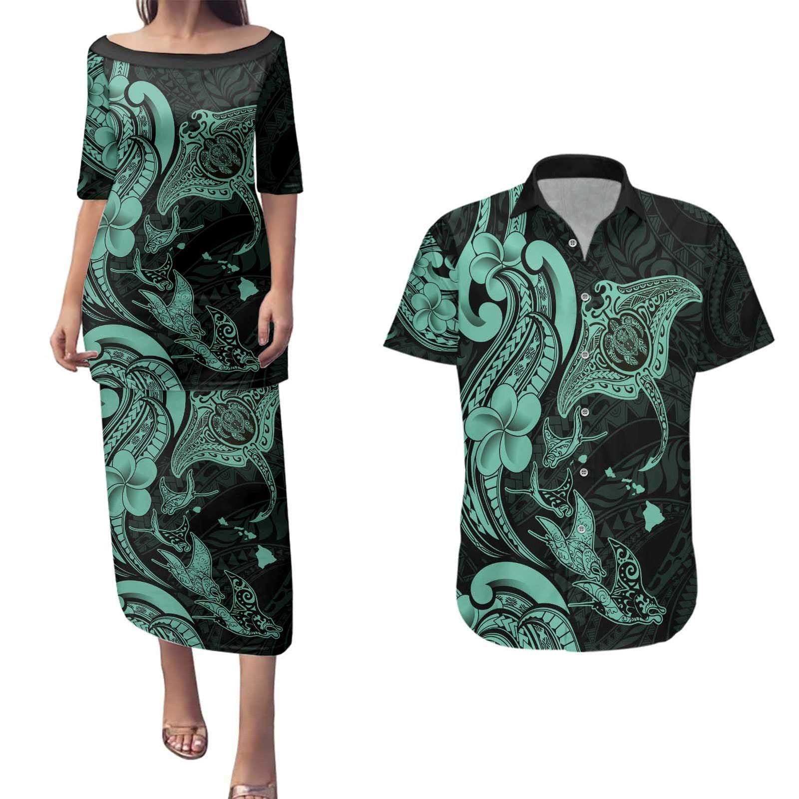Hawaiian Manta Rays Couples Matching Puletasi and Hawaiian Shirt Tribal Hibiscus Polynesian Tattoos Turquoise Color - Polynesian Pride