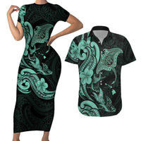 Hawaiian Manta Rays Couples Matching Short Sleeve Bodycon Dress and Hawaiian Shirt Tribal Hibiscus Polynesian Tattoos Turquoise Color - Polynesian Pride