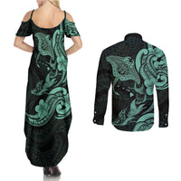 Hawaiian Manta Rays Couples Matching Summer Maxi Dress and Long Sleeve Button Shirt Tribal Hibiscus Polynesian Tattoos Turquoise Color - Polynesian Pride