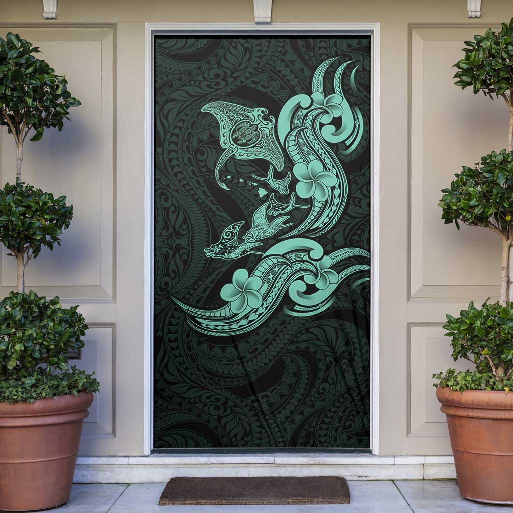 Hawaiian Manta Rays Door Cover Tribal Hibiscus Polynesian Tattoos Turquoise Color - Polynesian Pride