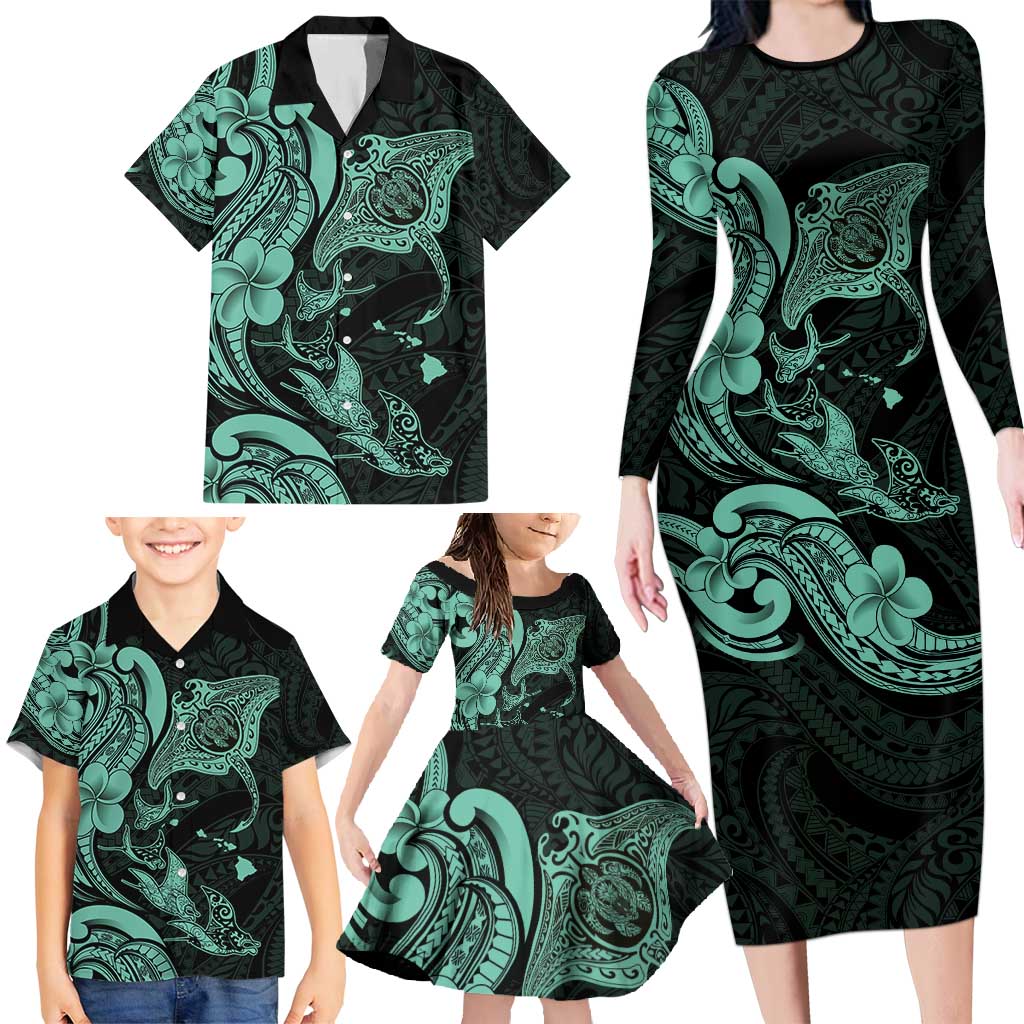 Hawaiian Manta Rays Family Matching Long Sleeve Bodycon Dress and Hawaiian Shirt Tribal Hibiscus Polynesian Tattoos Turquoise Color - Polynesian Pride