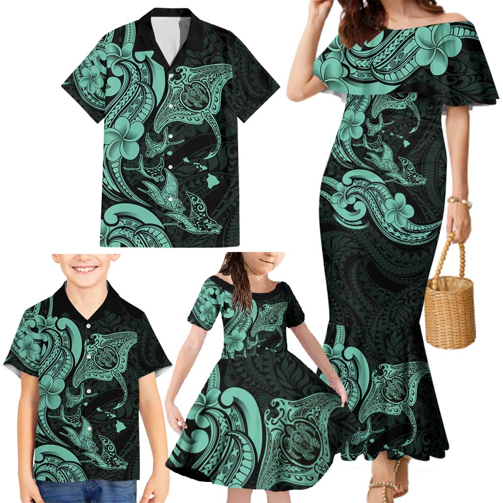 Hawaiian Manta Rays Family Matching Mermaid Dress and Hawaiian Shirt Tribal Hibiscus Polynesian Tattoos Turquoise Color - Polynesian Pride