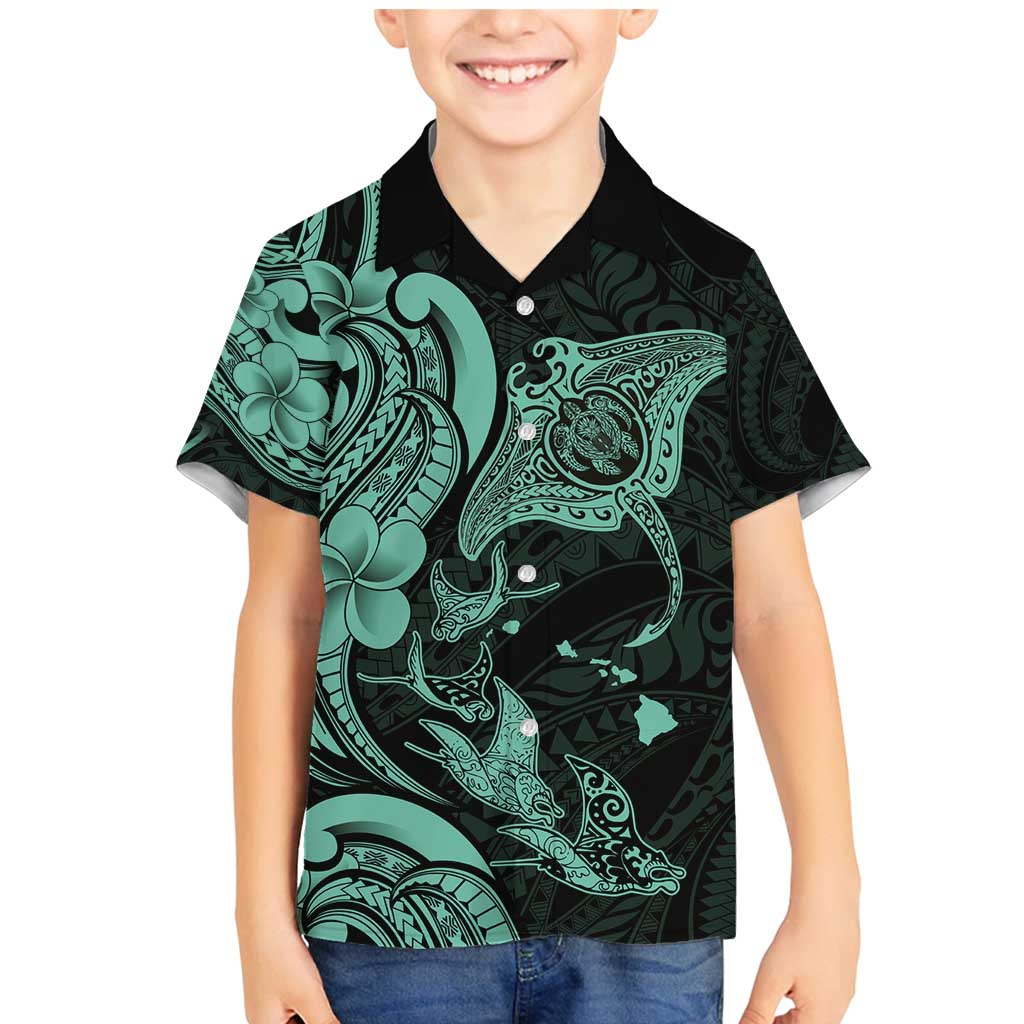 Hawaiian Manta Rays Family Matching Mermaid Dress and Hawaiian Shirt Tribal Hibiscus Polynesian Tattoos Turquoise Color - Polynesian Pride