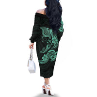 Hawaiian Manta Rays Family Matching Off The Shoulder Long Sleeve Dress and Hawaiian Shirt Tribal Hibiscus Polynesian Tattoos Turquoise Color - Polynesian Pride
