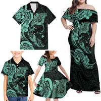 Hawaiian Manta Rays Family Matching Off Shoulder Maxi Dress and Hawaiian Shirt Tribal Hibiscus Polynesian Tattoos Turquoise Color - Polynesian Pride