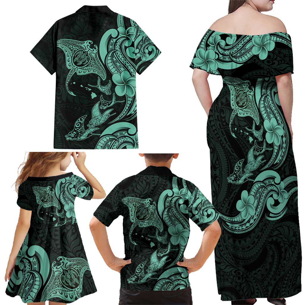 Hawaiian Manta Rays Family Matching Off Shoulder Maxi Dress and Hawaiian Shirt Tribal Hibiscus Polynesian Tattoos Turquoise Color - Polynesian Pride