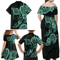 Hawaiian Manta Rays Family Matching Off Shoulder Maxi Dress and Hawaiian Shirt Tribal Hibiscus Polynesian Tattoos Turquoise Color - Polynesian Pride