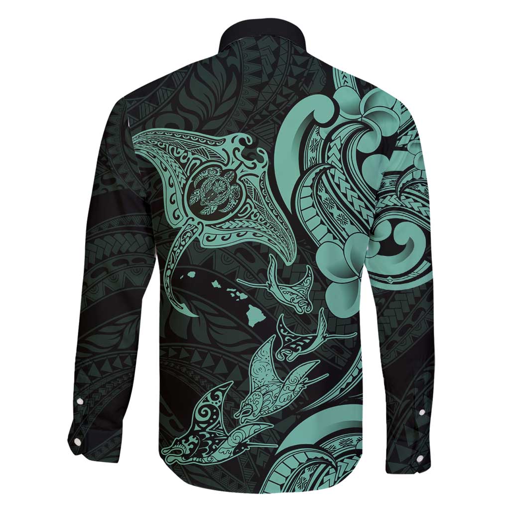 Hawaiian Manta Rays Family Matching Off Shoulder Maxi Dress and Hawaiian Shirt Tribal Hibiscus Polynesian Tattoos Turquoise Color - Polynesian Pride