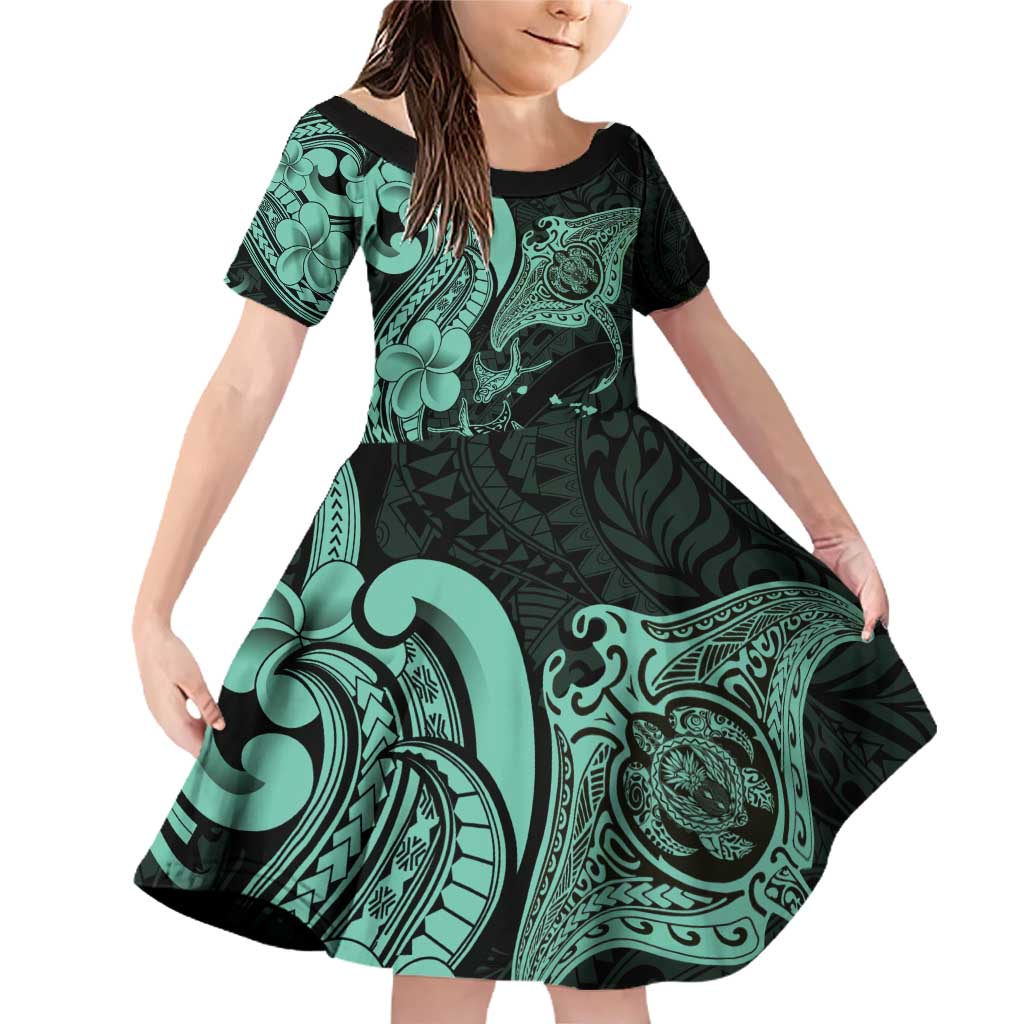Hawaiian Manta Rays Family Matching Off Shoulder Short Dress and Hawaiian Shirt Tribal Hibiscus Polynesian Tattoos Turquoise Color - Polynesian Pride