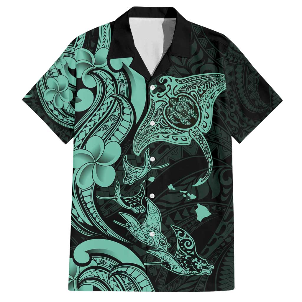 Hawaiian Manta Rays Family Matching Off Shoulder Short Dress and Hawaiian Shirt Tribal Hibiscus Polynesian Tattoos Turquoise Color - Polynesian Pride