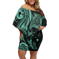 Hawaiian Manta Rays Family Matching Off Shoulder Short Dress and Hawaiian Shirt Tribal Hibiscus Polynesian Tattoos Turquoise Color - Polynesian Pride