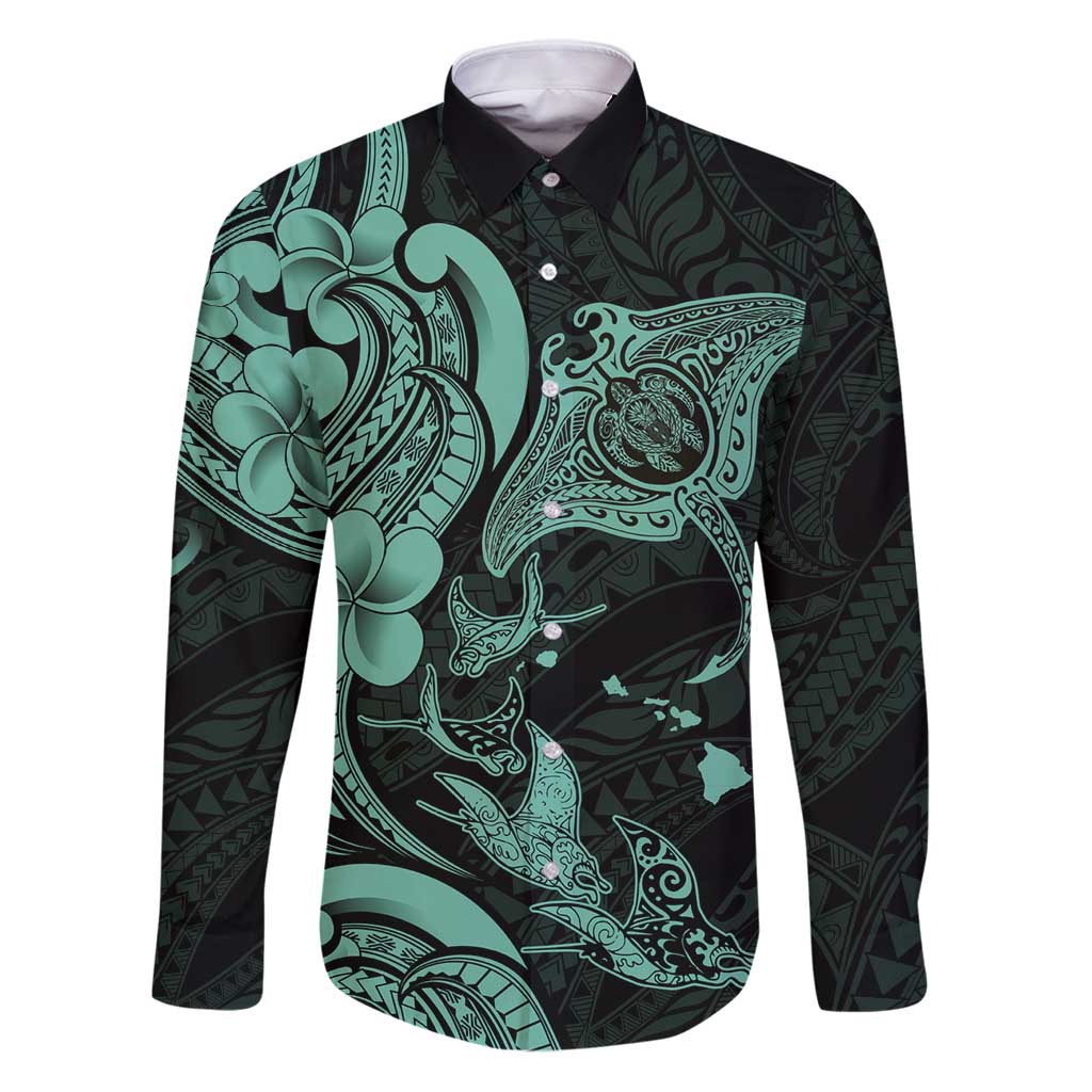 Hawaiian Manta Rays Family Matching Puletasi and Hawaiian Shirt Tribal Hibiscus Polynesian Tattoos Turquoise Color - Polynesian Pride