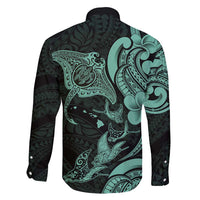 Hawaiian Manta Rays Family Matching Puletasi and Hawaiian Shirt Tribal Hibiscus Polynesian Tattoos Turquoise Color - Polynesian Pride