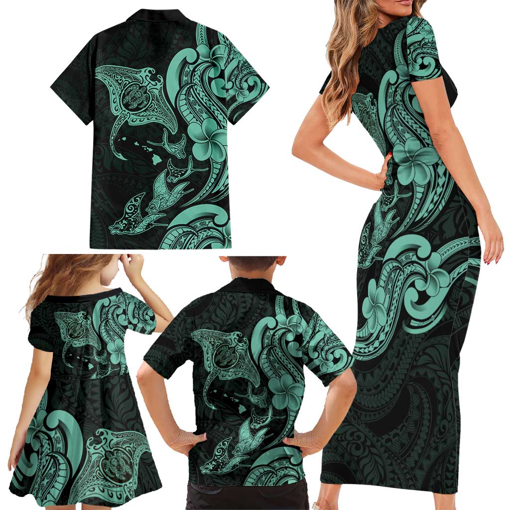 Hawaiian Manta Rays Family Matching Short Sleeve Bodycon Dress and Hawaiian Shirt Tribal Hibiscus Polynesian Tattoos Turquoise Color - Polynesian Pride