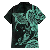 Hawaiian Manta Rays Family Matching Short Sleeve Bodycon Dress and Hawaiian Shirt Tribal Hibiscus Polynesian Tattoos Turquoise Color - Polynesian Pride