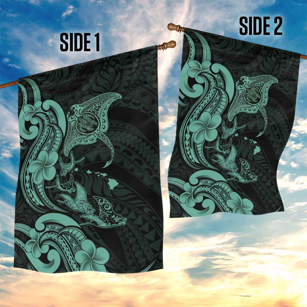 Hawaiian Manta Rays Garden Flag Tribal Hibiscus Polynesian Tattoos Turquoise Color - Polynesian Pride