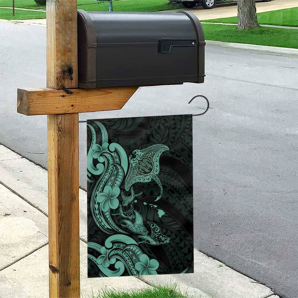 Hawaiian Manta Rays Garden Flag Tribal Hibiscus Polynesian Tattoos Turquoise Color - Polynesian Pride