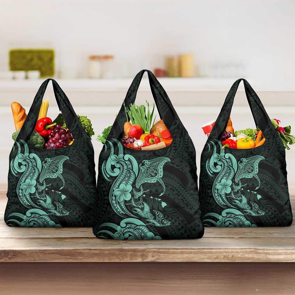 Hawaiian Manta Rays Grocery Bag Tribal Hibiscus Polynesian Tattoos Turquoise Color - Polynesian Pride