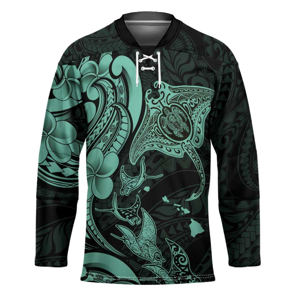 Hawaiian Manta Rays Hockey Jersey Tribal Hibiscus Polynesian Tattoos Turquoise Color - Polynesian Pride