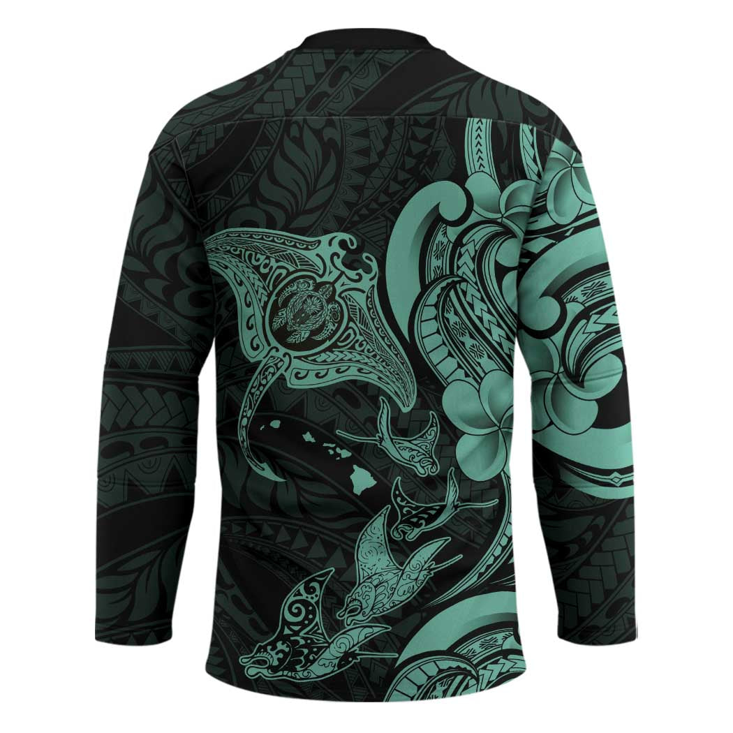 Hawaiian Manta Rays Hockey Jersey Tribal Hibiscus Polynesian Tattoos Turquoise Color - Polynesian Pride