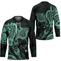 Hawaiian Manta Rays Hockey Jersey Tribal Hibiscus Polynesian Tattoos Turquoise Color - Polynesian Pride