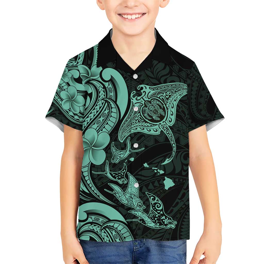 Hawaiian Manta Rays Kid Hawaiian Shirt Tribal Hibiscus Polynesian Tattoos Turquoise Color - Polynesian Pride