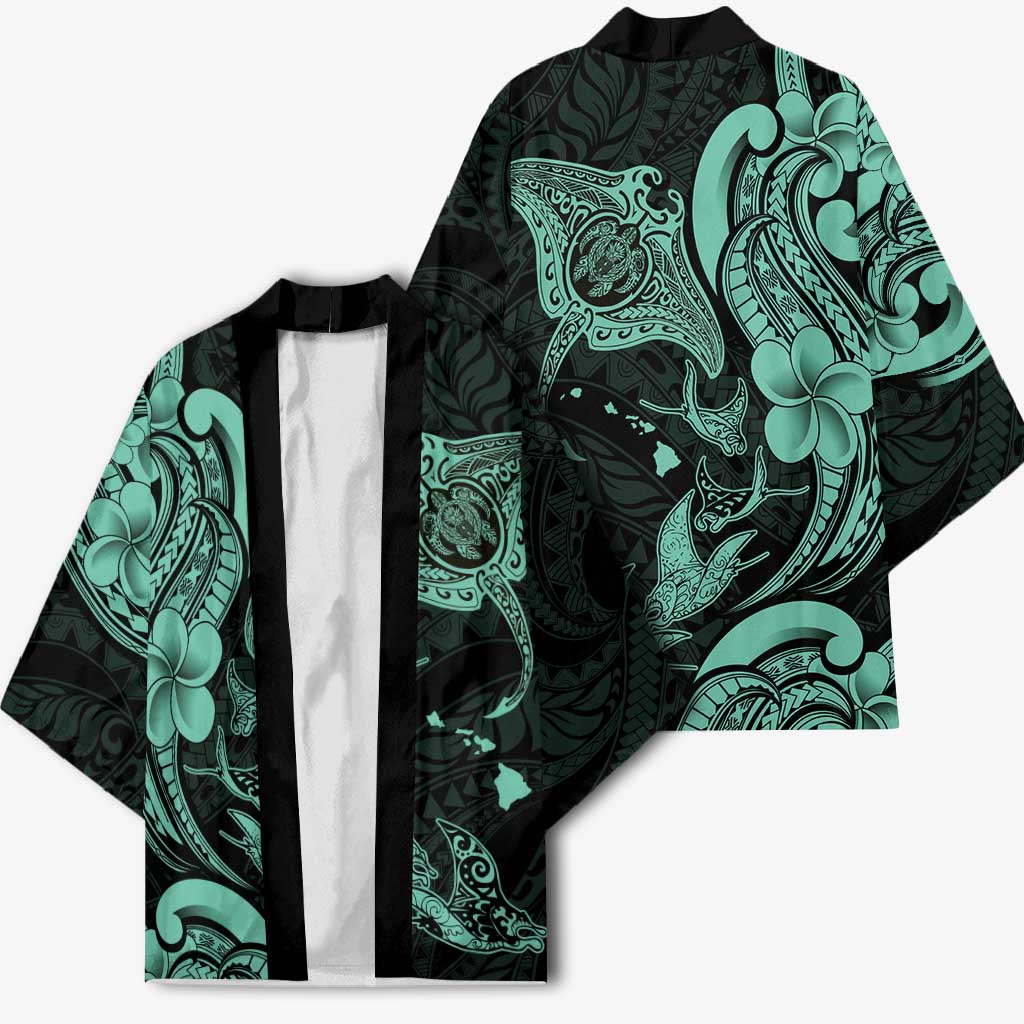Hawaiian Manta Rays Kimono Tribal Hibiscus Polynesian Tattoos Turquoise Color - Polynesian Pride