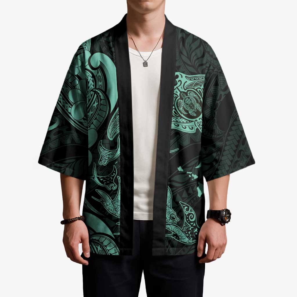 Hawaiian Manta Rays Kimono Tribal Hibiscus Polynesian Tattoos Turquoise Color - Polynesian Pride