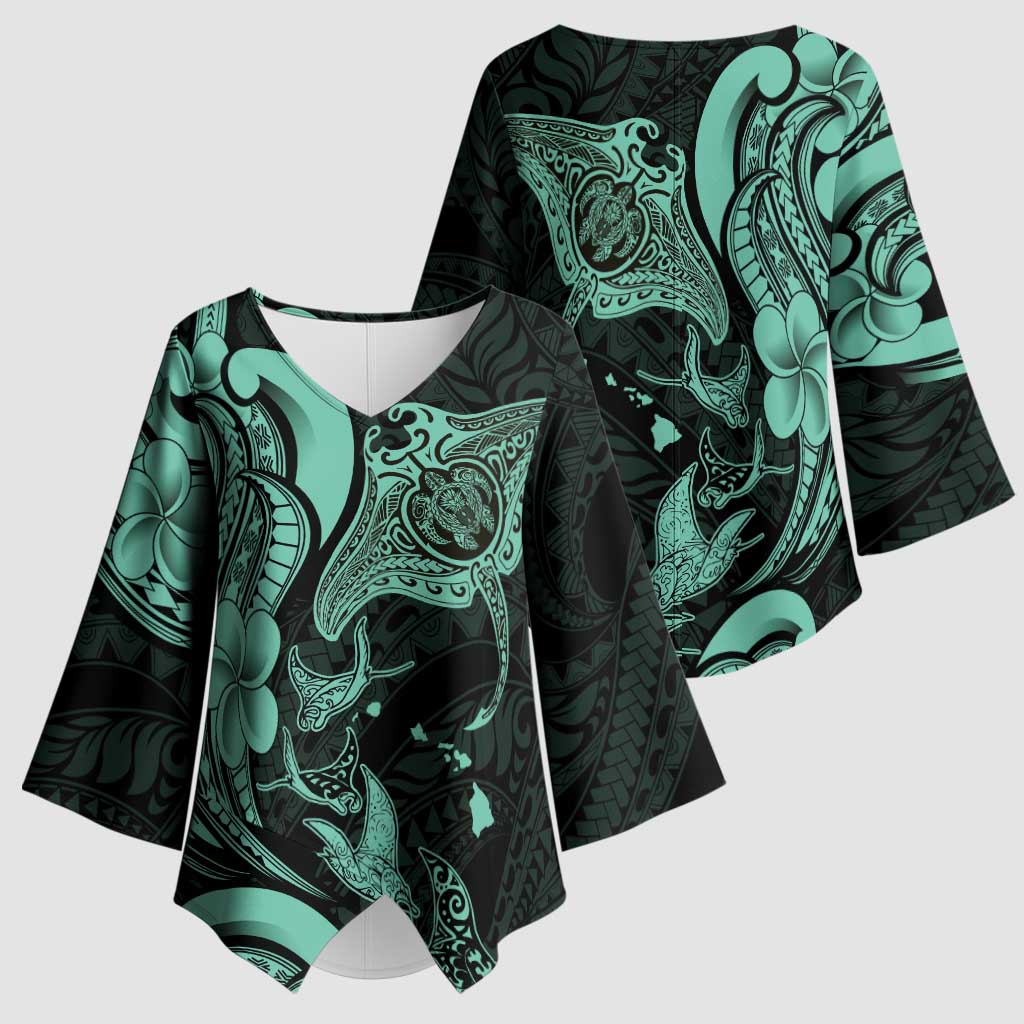 Hawaiian Manta Rays Kimono Sleeve Blouse Tribal Hibiscus Polynesian Tattoos Turquoise Color - Polynesian Pride