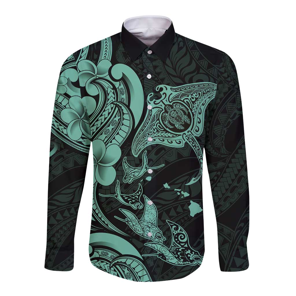 Hawaiian Manta Rays Long Sleeve Button Shirt Tribal Hibiscus Polynesian Tattoos Turquoise Color - Polynesian Pride