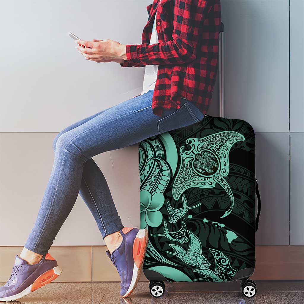 Hawaiian Manta Rays Luggage Cover Tribal Hibiscus Polynesian Tattoos Turquoise Color - Polynesian Pride